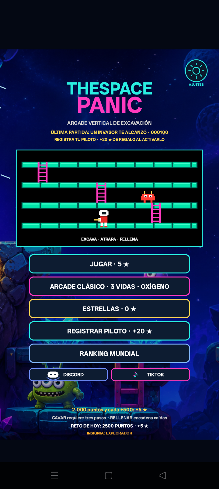 Pantalla principal real de Thespace Panic